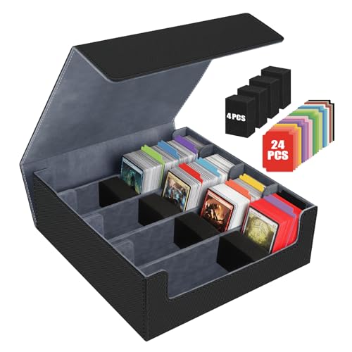 AOBOPLE 3200+ Trading Card Storage Box with Magnetic Closure, PU Leather | 4-Row Card Box,24 Dividers + 4 Foam Supports,Card Organizer For MTG TCG Magic Sports Cards,Gift For Collectors - color: 3200+Black Grey