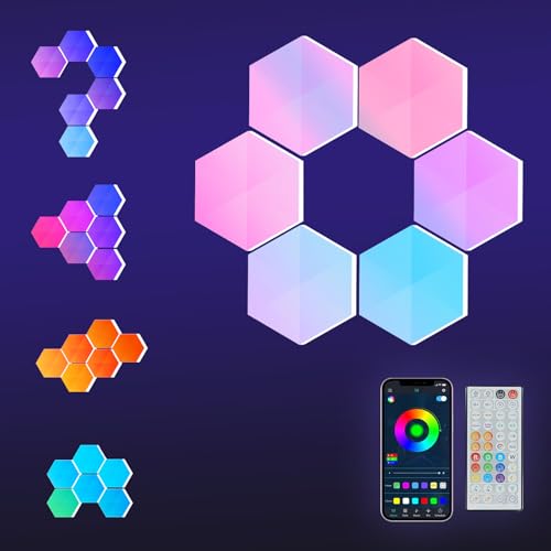 Hexagon LED Lights, 6 Pack with App and Remote Control | Frosted 3D plastic panels for gamers; ideal for gaming desks, DIY decor walls and movie rooms with music sync and app control - size: 6pack