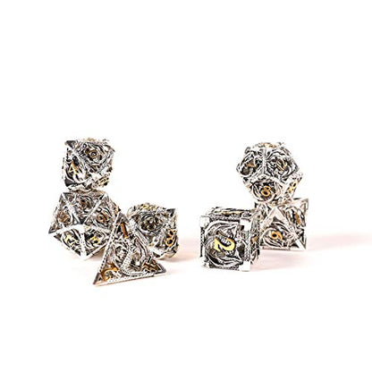 7pcs Metal Dice Set D&D,Unique New Dragon Pattern DND Metal Dice Set | Used for Dungeons and Dragons Role Playing Game(RPG),MTG,Pathfinder,Table Game,Board Games - color: Silver