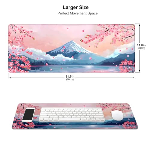 Large Mouse Pad, Desk Mat Computer Keyboard Pad Non-Slip Rubber Base Waterproof with Stitched Edges for Laptop Gaming, Office & Home 31.5 x 11.8 Inch (Cherry Blossom Mountains) - color: Cherry Blossom Mountains