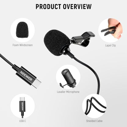 NEEWER Mini USB C Lavalier Microphone 2 Pack Compatible with iPhone 16 15 Pro Max Android Phone Tablet PC, Clip On Omnidirectional Condenser Lapel Mic with 2m/6.6ft Cable - style: CM6(2-Pack)w/USB-C Plug