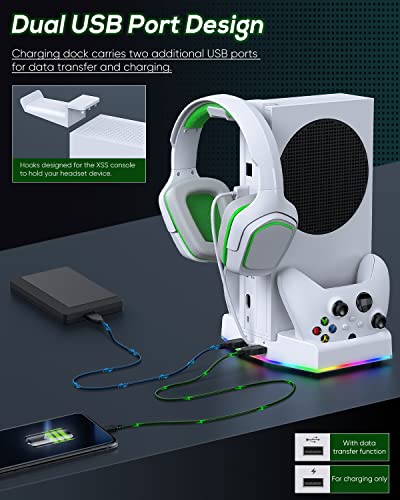 Cooling Stand & Charge Station for Xbox Series S with RGB Light Strip,White | Dual Controller Charger & Cooler Fan for XSS Console Accessories with 2*1400mAH Rechargeable Battery Pack,1*Headphone Hook - color: White