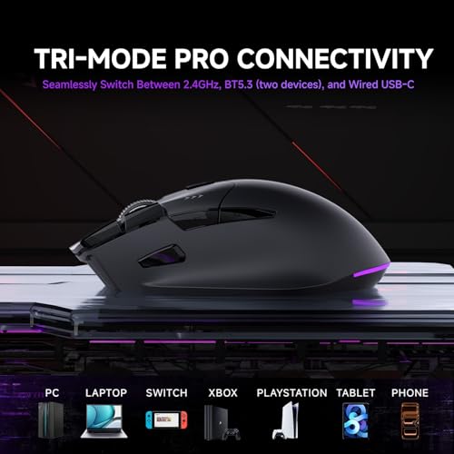 TMKB M2 Wireless Gaming Mouse, 24K DPI, Tri-Mode 2.4G/BT/USB-C, 9 Buttons | Lightweight Ergonomic Grip, Programmable, 600mAh Rechargeable, DPI-Shift Button, RGB lighting, PTFE Feet, for PC Laptop Mac
