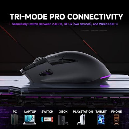 TMKB M2 Wireless Gaming Mouse, 24K DPI, Tri-Mode 2.4G/BT/USB-C, 9 Buttons | Lightweight Ergonomic Grip, Programmable, 600mAh Rechargeable, DPI-Shift Button, RGB lighting, PTFE Feet, for PC Laptop Mac
