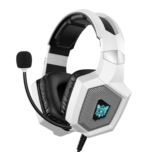 Gaming Headset with Microphone, Gaming Headphones Compatible for PS4 PS5 Xbox PC with RGB Lights, PlayStation Headset with Noise Reduction 7.1 Surround Sound Over-Ear and Wired 3.5mm Jack - color: White