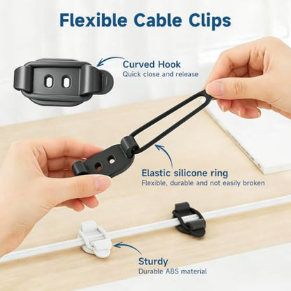 10 Sets Adjustable Cable Management Clips, Self Adhesive Cord Organizer with Elastic Loop, Reusable Cable Holder for Desk, Under Desk, Wall, TV, Office, Home, Charging Cables, USB, HDMI, PC Wires