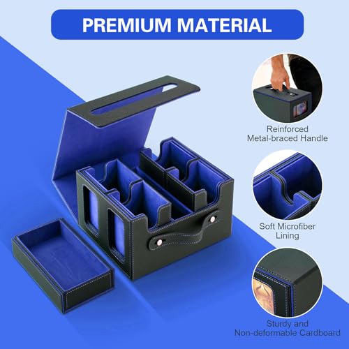 Commander Deck Box for MTG,Card Storage Box Fits 400+ Double-Sleeved Cards,4 Removable deck Case with Display Windows＆Handle,Card deck box for TCG/PTCG/EDH(Black &Blue) - color: Black/Blue