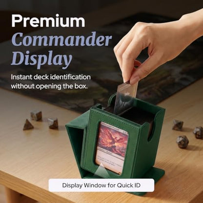 Commander Deck Box MTG 100 Card Holder with Display Window Green | PU leather, 4 N52 magnets, fits 100 double-sleeved cards, display window, durable, portable, secure closure - color: Green, size: 110+