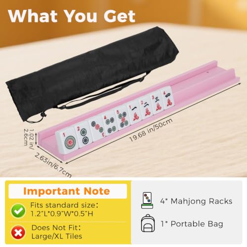 Pink Wooden Mahjong Racks with Pushers 19.68 Inch, Solid Beechwood American Mahjong Tile Holders Set of 4, Strong Magnetic Pushers, Durable Wooden Mahjong Accessories with Storage Bag