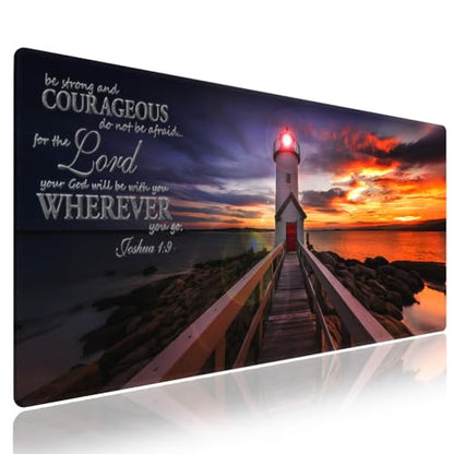 Be Strong and Courageous Large Mouse Pad, Lighthouse Sunset Ocean Desk Mat | Keyboard Mat Stitched, 31.5" x 11.8", Joshua 1:9, Christian Bible Verse Scripture, Inspirational Religious Quote, Beach - color: Vibrant Design J10K