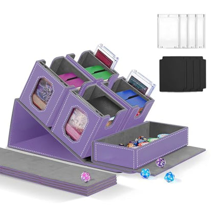 Trading Card Storage Box with Commander Display for MTG, TCG, Sports Cards, 5-in-1 Card Deck Box, Holds 450+ Double-Sleeved Cards, 4 Individual Deck Cases with Covers, Dice Tray & Magnetic Holders - color: Purple & Grey