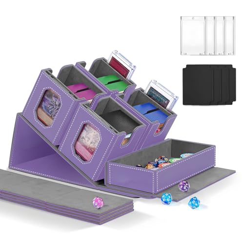 Trading Card Storage Box with Commander Display for MTG, TCG, Sports Cards, 5-in-1 Card Deck Box, Holds 450+ Double-Sleeved Cards, 4 Individual Deck Cases with Covers, Dice Tray & Magnetic Holders - color: Purple & Grey