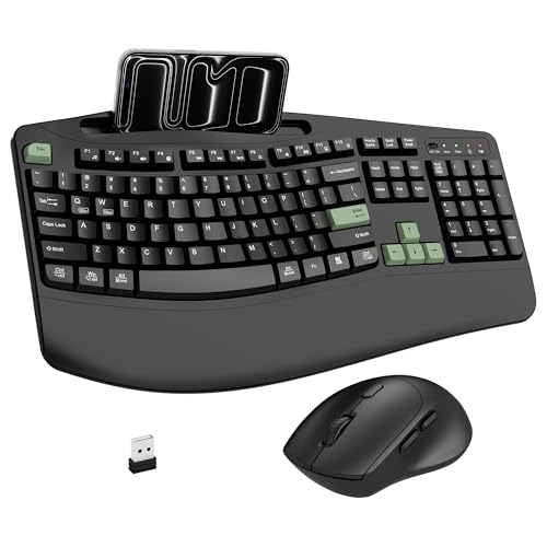 Wireless Keyboard and Mouse Combo, 2.4G Ergonomic Wave Keys(AvocadoGreen) | Full Size Ergonomic Keyboard with Wrist Rest, Phone Holder, 3-Level DPI Silent Mouse with 6-Buttons,for Windows/Mac OS/Laptop - color: Black and Avocado Green