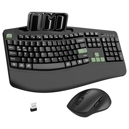Wireless Keyboard and Mouse Combo, 2.4G Ergonomic Wave Keys(AvocadoGreen) | Full Size Ergonomic Keyboard with Wrist Rest, Phone Holder, 3-Level DPI Silent Mouse with 6-Buttons,for Windows/Mac OS/Laptop - color: Black and Avocado Green