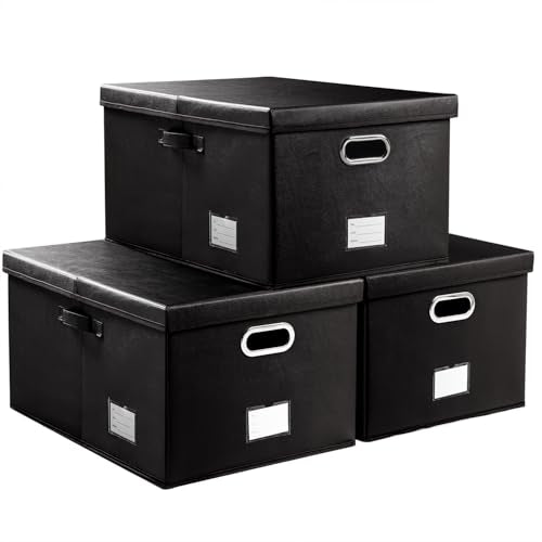 PRANDOM Collapsible Storage Box with Lid [3-Pack] Leather Fabric Foldable Storage Bin Organizer Container Basket Cube with Cover for Home Bedroom Closet Office Nursery Black(22.8X15.7X11.8) - color: Black, size: X-Large(3-Pack)
