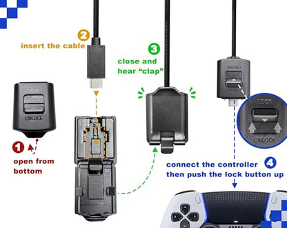 Replacement USB-C Cable & Locking Connector Kit for PS5 for DualSense Edge Controller, 9.2FT Braided Charging Camera Cord with Anti-Unplug Lock, Complete Wired Gaming Set Cam