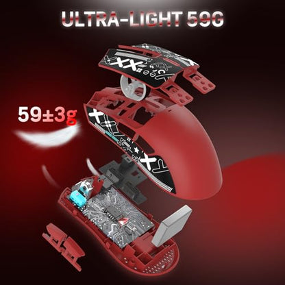 ATTACK SHARK X11 59g Lightweight Wireless Gaming Mouse,RGB Charging Dock,Tri-Mode-BT/2.4G Wireless/Wired Mouse with Grip Tape,22000 DPI,5 Programmable Buttons for Pc/Mac/Xbox(Red&Sticker) - color: Red & Griptape