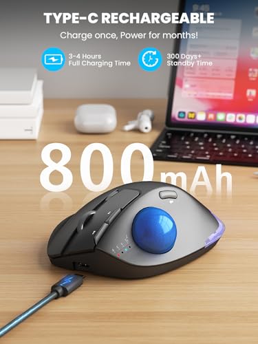 Wireless Trackball Mouse, Adjustable Angle, Rechargeable, Backlit-Blue Ball | MAM1 Pro Ergonomic Mouse Rollerball Thumb mice with 5 Level DPI, 3 Devices Connection (USB & Bluetooth ) for PC, Windows - color: Blue Ball