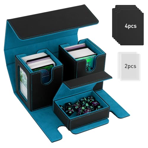 TiMOVO MTG Deck Box, Magnetic Trading Card Storage Case, Black Cyan | Holds 400+ Sleeveless Cards, 4 Dividers & Dice Tray, 2 Detachable Commander Card Deck Boxes, For Magic Game Cards - color: Black Cyan