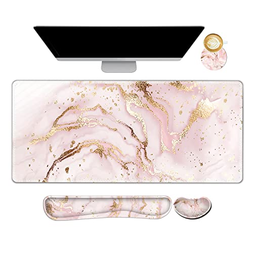 ARTSO Large Gaming Mouse Pad, Keyboard Wrist Rest Pad & Wrist Support Mousepad Set, Stitched Edge, Extended, Non-Slip Base, Memory Foam,Multifunctional Desk Mat 4pcs for Office & Home, Pink Marble - color: Pink Marble