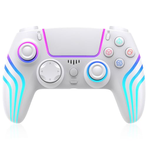 RGB Wireless Game Controller for PlayStation 5 Bluetooth Replacement Gamepad for PS-5/ Windows PC Rechargeable Double Vibration Motion Sensor Joystick Remote Joypad with 1500mAh Battery,Turbo (White) - color: White