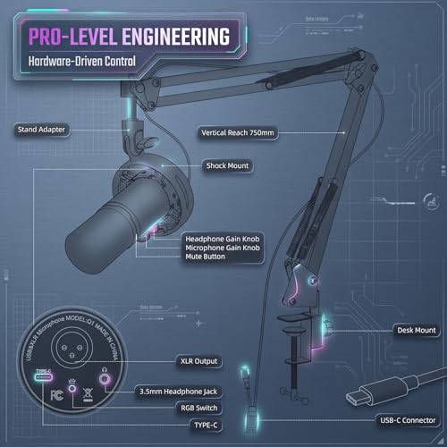 Gaming Microphone Kit for Streaming & Podcast, Dynamic RGB PC Mic with USB/XLR Cable, Boom Arm Stand, Mute Button, Headphone Jack, Ideal for Vocals, Voice-Over & Zoom Calls/Teams Meetings. - color: Gray