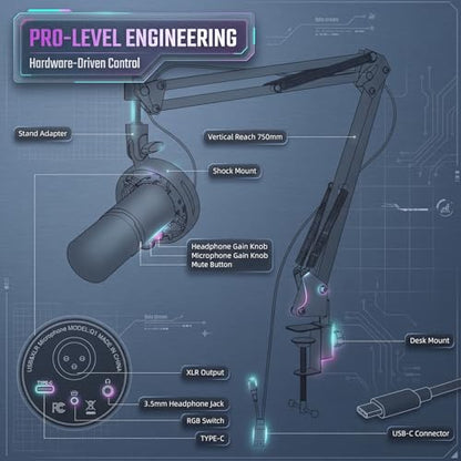 Gaming Microphone Kit for Streaming & Podcast, Dynamic RGB PC Mic with USB/XLR Cable, Boom Arm Stand, Mute Button, Headphone Jack, Ideal for Vocals, Voice-Over & Zoom Calls/Teams Meetings. - color: Gray