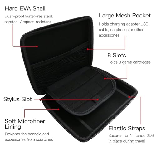 Carrying Case for 2DS Console and Accessories, Hard Shell Protective Travel Case, with 8 Game Slot and Inner Pocket, Wrist Strap (Black) - color: Black