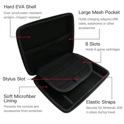 Carrying Case for 2DS Console and Accessories, Hard Shell Protective Travel Case, with 8 Game Slot and Inner Pocket, Wrist Strap (Black) - color: Black
