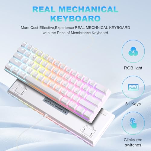 60% Wired Mechanical Gaming Keyboard RGB Backlit Anti-Ghosting Compact 61-Keys Mini Keyboard with Red Switch | for Windows Laptop PC Gamer Office Typist - color: White