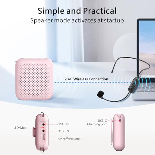 Voice Amplifier with Bluetooth, Portable Speaker with Microphone | Wireless Microphone Headset Speaker for Teacher, Mini Megaphone Sound Amplifier for Classroom, Tour Guides, Speaking - color: Pink - 15W
