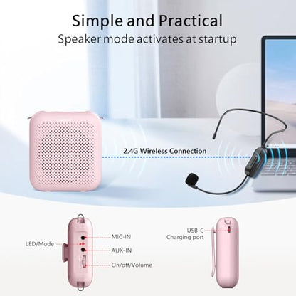 Voice Amplifier with Bluetooth, Portable Speaker with Microphone | Wireless Microphone Headset Speaker for Teacher, Mini Megaphone Sound Amplifier for Classroom, Tour Guides, Speaking - color: Pink - 15W