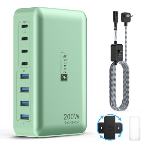 8-Port Multiple Charger Station 200W with Flat Plug, Braided Power Cord, and On/Off Switch- USB Charging Hub for iPhone, iPad, MacBook and More- 65W C Port Power Adapter for Laptops - color: Flat Charger 200W GREEN