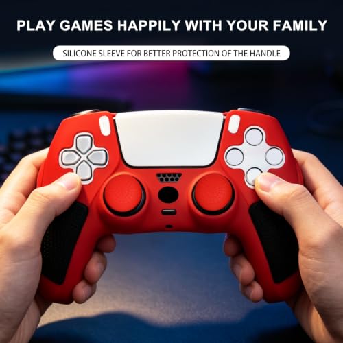 2 Pack Red Anti-Slip PS5 Controller Skin,Soft Thicken Studded Protective Silicone Cover Skin Grips Compatible with PS5/Slim/Pro Controller and 8 PCS Thumb Grips Caps. (2 Pack Red) - color: 2 Pack Red
