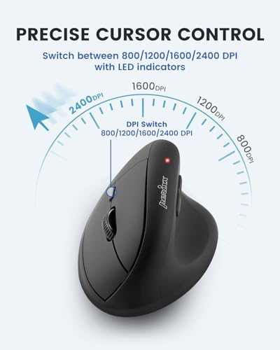 Perixx PERIMICE-608II Wireless Vertical Mouse, 2.4GHz, 6 Buttons, Adjustable DPI 800/1200/1600/2400, Right-Handed Design, USB Receiver, Black - style: Wireless