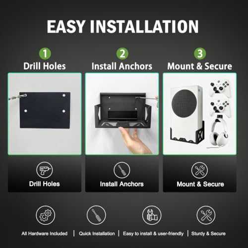 Wall Mount Kit for Xbox Series S,Steel Mount Includes Detachable Controller Holder and Headphone Stand （NOT for Xbox ONE S）