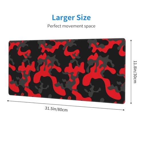 Gaming Mouse Pad, Large Red and Black Camouflage Mousepad Laptop, Extended Camo Mouse Mat, Long XL Waterproof Keyboard Pads, Big Non-Slip Mousepads for Game Office Home, 31.5 x 11.8 in - color: Red and Black Camouflage