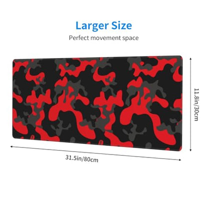 Gaming Mouse Pad, Large Red and Black Camouflage Mousepad Laptop, Extended Camo Mouse Mat, Long XL Waterproof Keyboard Pads, Big Non-Slip Mousepads for Game Office Home, 31.5 x 11.8 in - color: Red and Black Camouflage