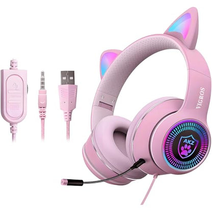 Cat Ear Gaming Headphones Wired AUX 3.5mm with LED Light, VIGROS Flashing Stereo Game Headphones Surround Sound Over-Ear Headsets with Microphone Fit Kids & Adult for PC, PS4, Switch, Mobile, Laptop - color: Pink