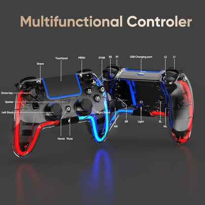BETMI Wireless Controller for PS5, Pro/Slim/MAC/Steam Deck/PC (Transparent) | Hall Effect Joysticks,Dual Vibration, Marco/Turbo, 3.5mm Audio Jack, 6-Axis Gyro, LED Gamepad with Speaker, L Red R Blue