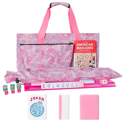 American Mahjong Game Set, 166 Pink Tiles (1.2”), 4 All-in-One Color Rack/Pushers & Drawstring Bag, Complete Mahjong Sets with Pink Printed Carrying Bag and Mahjong Tile Set Accessories - color: Pink