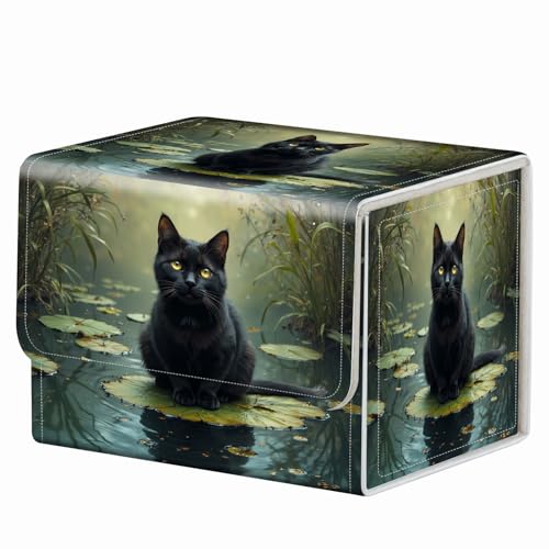 Strong Magnet for TCG MTG Commander Deck Box Playing Card Case Organizer Trading Card Case Trading Card Storage Box for Collectible Games Up to 200 Cards, Black Cat Water Lily - color: Black Cat Water Lily