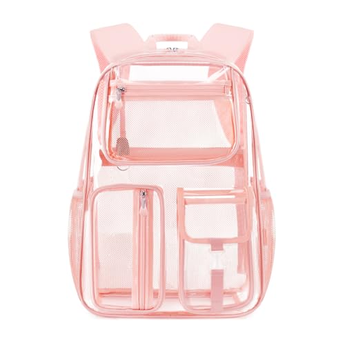 Pink Heavy Duty Clear Backpack For Sport Events,17.5in XL Lady TPU Bookbag | See Through plastic Stitch durable Design 6-Pocket Weight-bearing base,keychain For School Adults work Airport security,check - color: Pink 17.5in