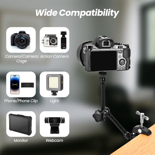 11‘’ Magic Arm with Crab Clamp, Super Clamp Kit 1/4“ & 3/8” Threads Screws, Heavy Duty Magic Arm for DSLR, Phone, Monitor, LED Light, Action Cam, 360° Ball Rotating Camera Mount