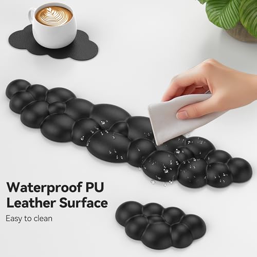 TECKNET Cloud Keyboard Wrist Rest Set, Cloud Wrist Rest with Non-Slip Base, PU Leather Wrist Pad for Keyboard with Ergonomic Memory Foam for Computer Laptop Office Gaming and Pain Relief, Black - color: Black