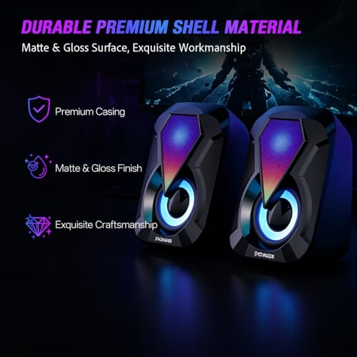 Computer Speakers, Desktop PC Speakers with 6 Colorful RGB Lights, Headphone Jack, Enhanced Bass and Volume Control, USB Powered & 3.5mm Aux Gaming Speakers for Laptop Monitor PC Tablet Phone-1053