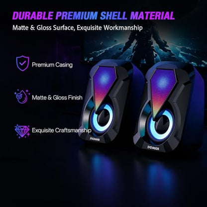 Computer Speakers, Desktop PC Speakers with 6 Colorful RGB Lights, Headphone Jack, Enhanced Bass and Volume Control, USB Powered & 3.5mm Aux Gaming Speakers for Laptop Monitor PC Tablet Phone-1053