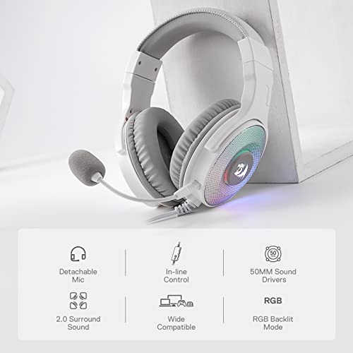 Redragon H350 White Wired Gaming Headset, Dynamic RGB Backlight - Stereo Surround-Sound - 50MM Drivers - Detachable Microphone, Over-Ear Headphones Works for PC/PS4/XBOX One/NS - color: White