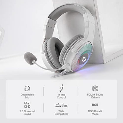 Redragon H350 White Wired Gaming Headset, Dynamic RGB Backlight - Stereo Surround-Sound - 50MM Drivers - Detachable Microphone, Over-Ear Headphones Works for PC/PS4/XBOX One/NS - color: White