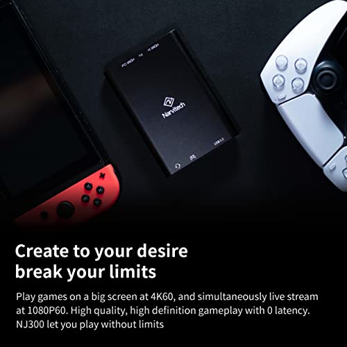 NJ300 HDMI Capture Card, 4K60 Passthrough, 1080P60 Recording, Plug & Play, Low Latency Streaming for Switch 2, PS5, Xbox, PC & Mac. Supports Party Chat Capture.
